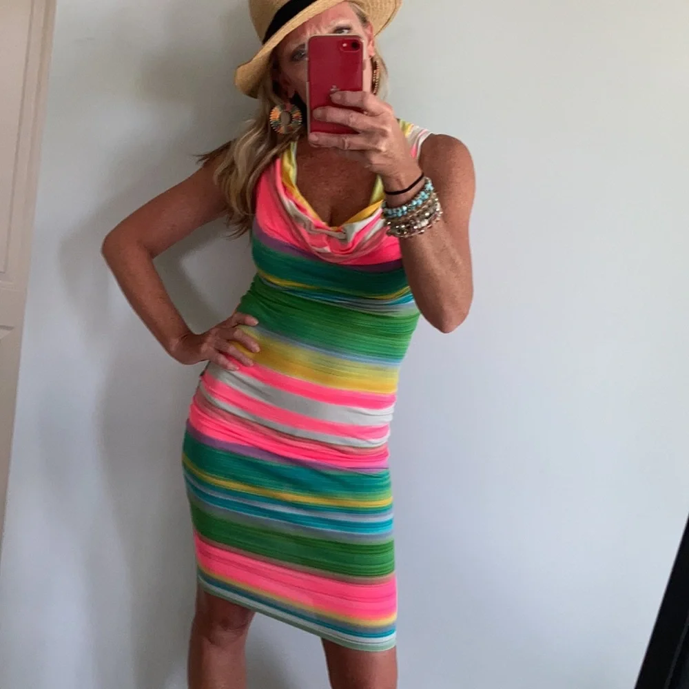 Striped, Draped Neck Fitted Dress - Picture 1 of 16